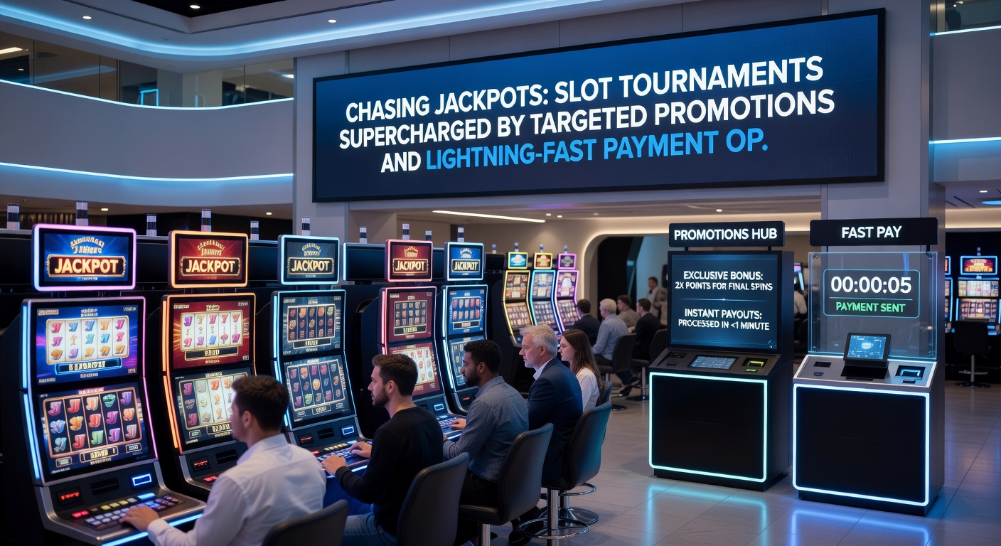 Dynamische weergave van een leaderboard in een slottoernooi, met top spelers en knipperende jackpots, omringd door promotie banners