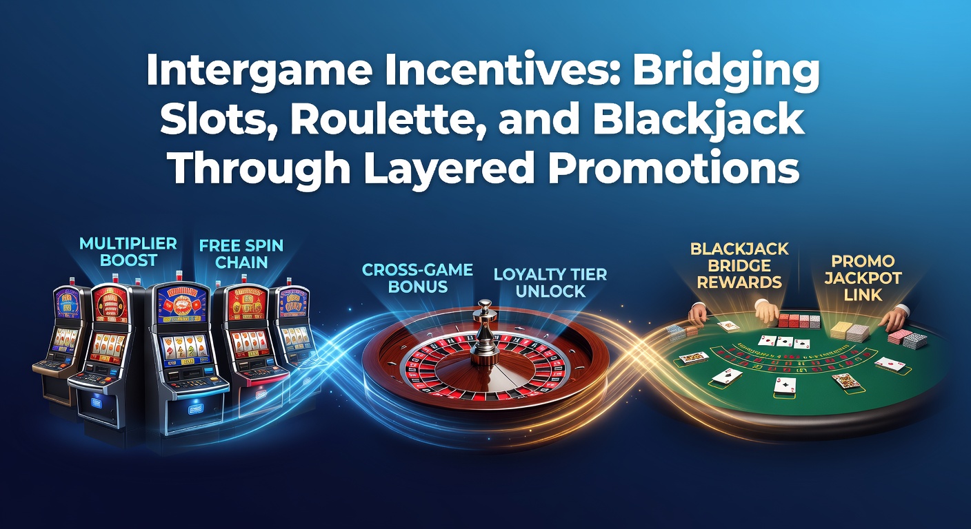 Grafische weergave van gelaagde promoties die slots, roulette en blackjack met elkaar verbinden in een online casino-omgeving