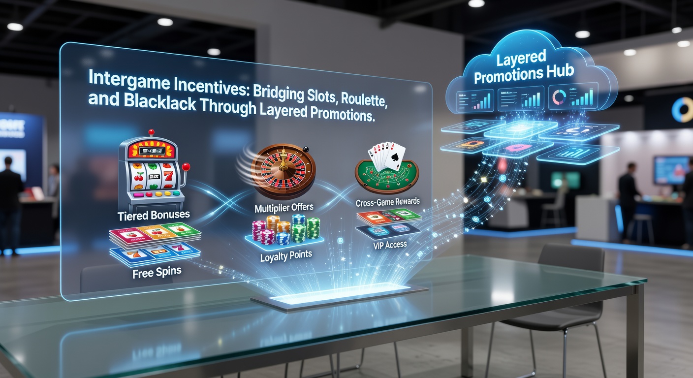 Voorbeeld van een intergame-promotiechain met icons van slots, roulettewiel en blackjack-tafel, inclusief bonuslevels en wagering bars