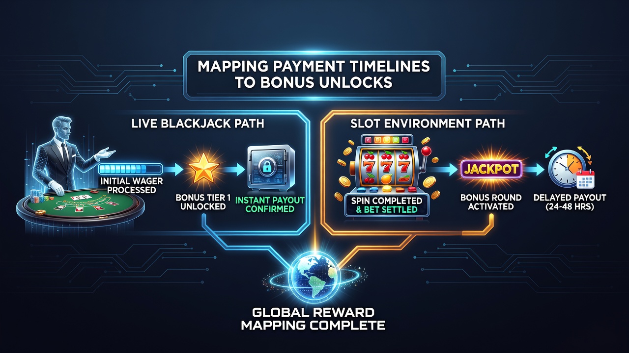 Visuele weergave van betalingstijdlijnen gekoppeld aan bonusontgrendelingen in live blackjack en slots