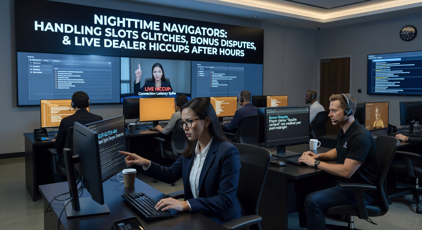 Supportmedewerker in een verlicht callcenter 's nachts, headset op, schermen met casino-interfaces vol slots en live tafels