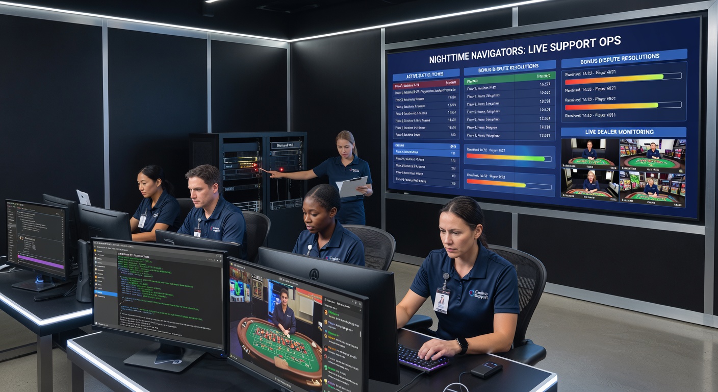 Live dealer tafel met technische overlay, supportdashboard op de achtergrond tijdens een nachtsessie