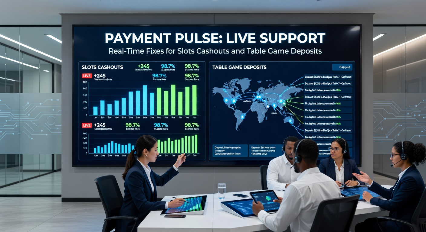 Grafiek met realtime payment pulse dashboard, tonen live support interventies bij slots cashouts en deposits