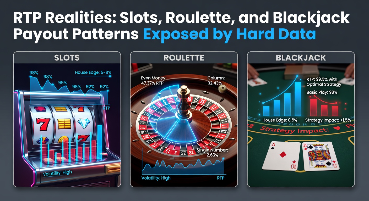 Grafiek met RTP-curves voor slots, roulette en blackjack, gebaseerd op langetermijndata uit gecertificeerde tests
