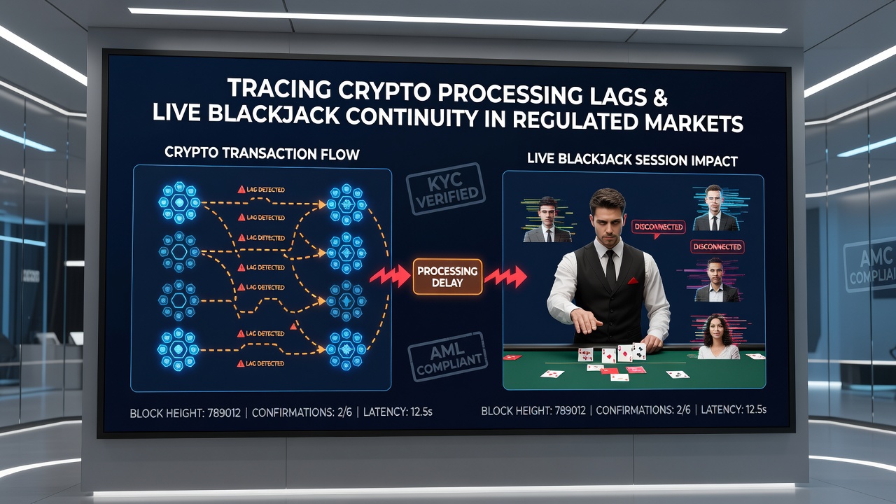 Illustratie van crypto-transactievertragingen in live blackjack omgevingen