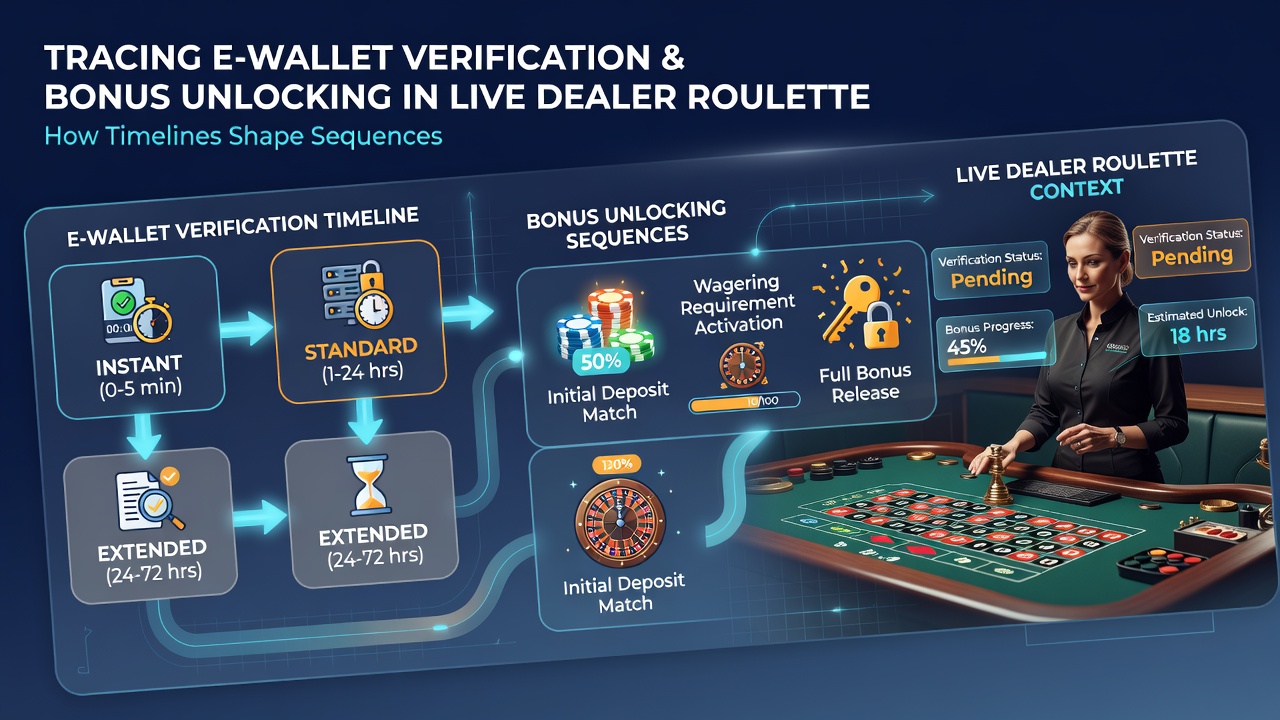 Diagram dat verificatietijdlijnen koppelt aan bonusontgrendeling in roulette en slots