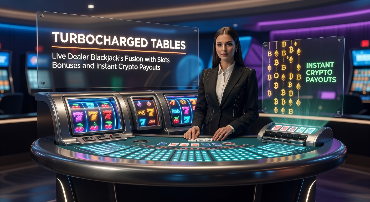 Live dealer blackjack tafel met slots bonus overlays en crypto wallet iconen, illustrerend de fusie van spellen en snelle uitbetalingen