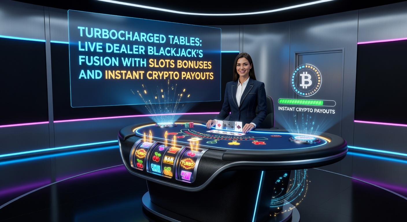 Schermafbeelding van een turbocharged blackjack tafel met actieve slots bonus en crypto uitbetaling notificatie, benadrukkend snelheid en integratie